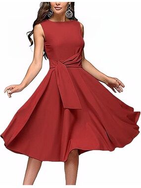 Classic Sleeveless Midi Dress with Waist Tie in Red